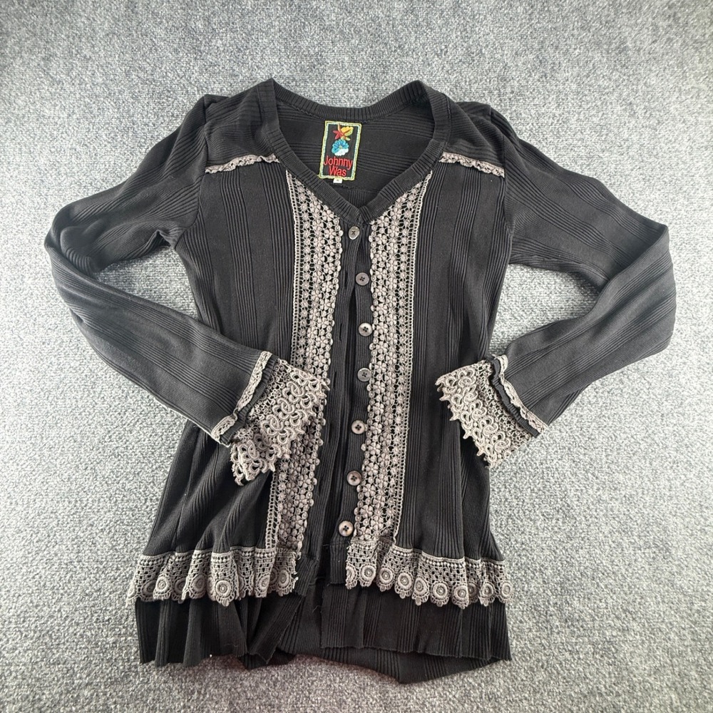 Johnny Was Black Ribbed Knit Lace Trim Button Front V-Neck Cardigan Sweater S